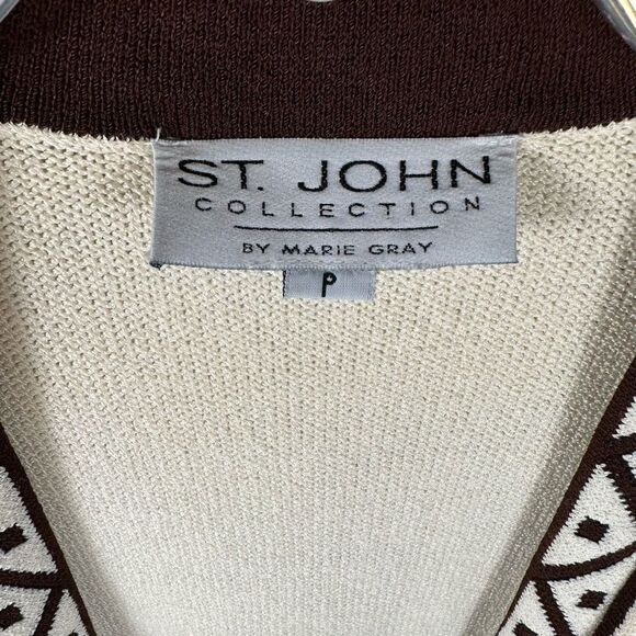 St. John Collection Santana Cream Knit Brown Edging Detail Open Front Cardigan P - Picture 3 of 9